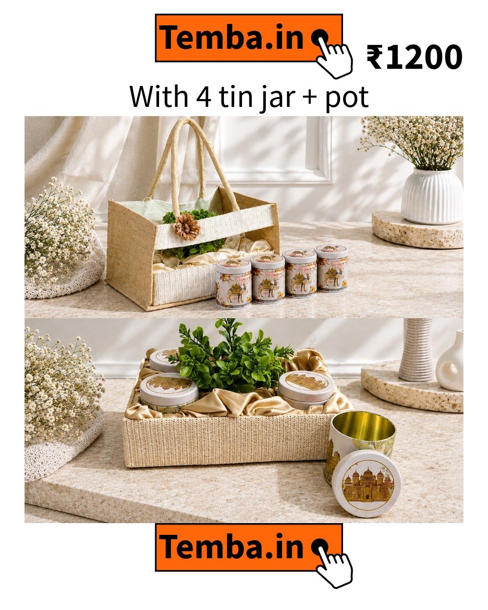 Baskets 16.27.21 (12) Jute Bag + 4 Tin Jar with Pot - Image 1