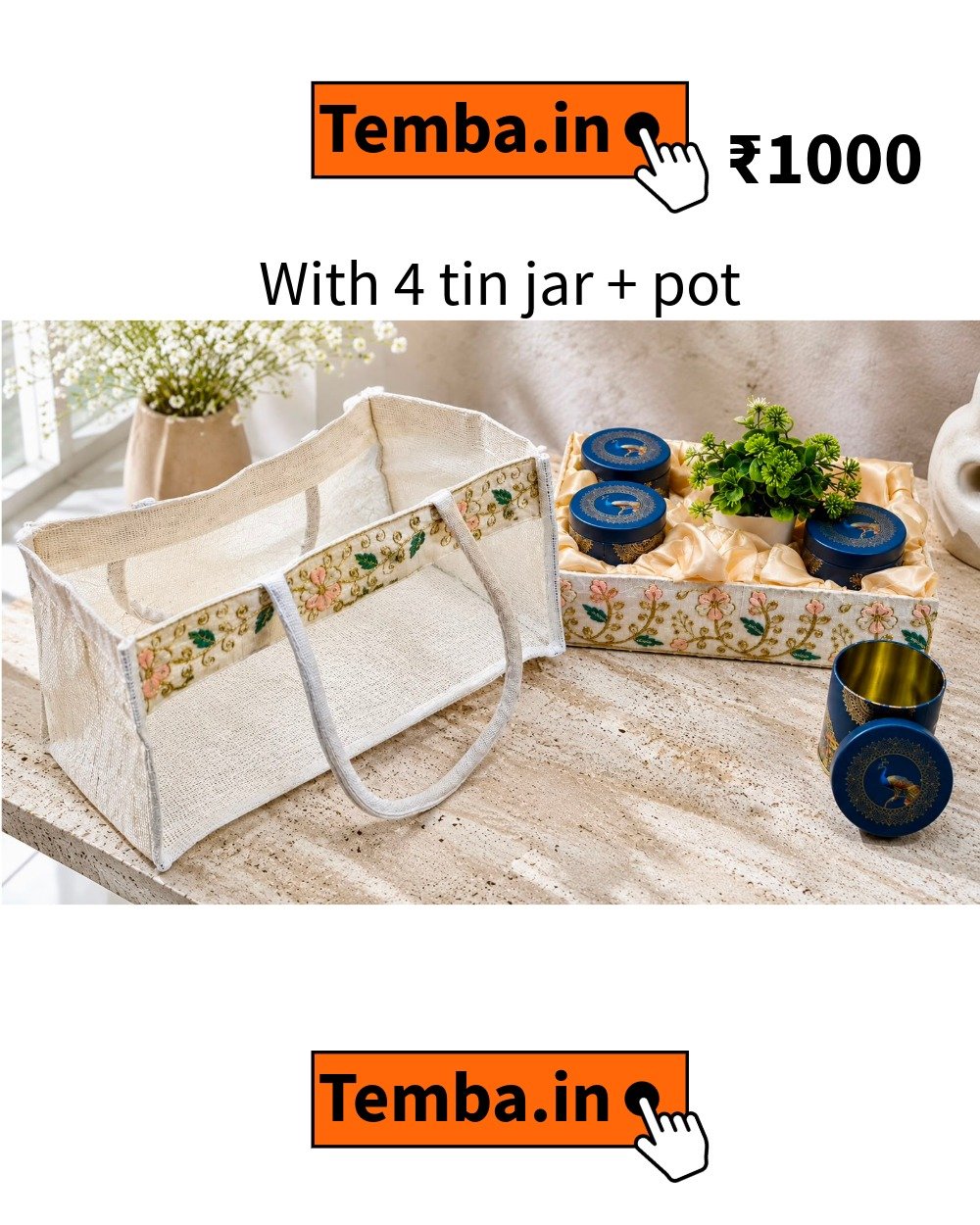 Baskets 16.27.21 (15) Jute Bag + 4 Tin Jar with Pot - Image 1