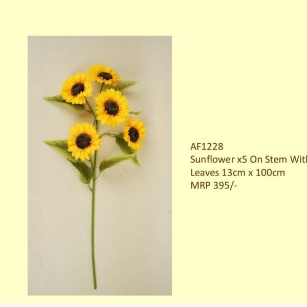 Sunflower x5 On Stem With Leaves 13cm x 100cm