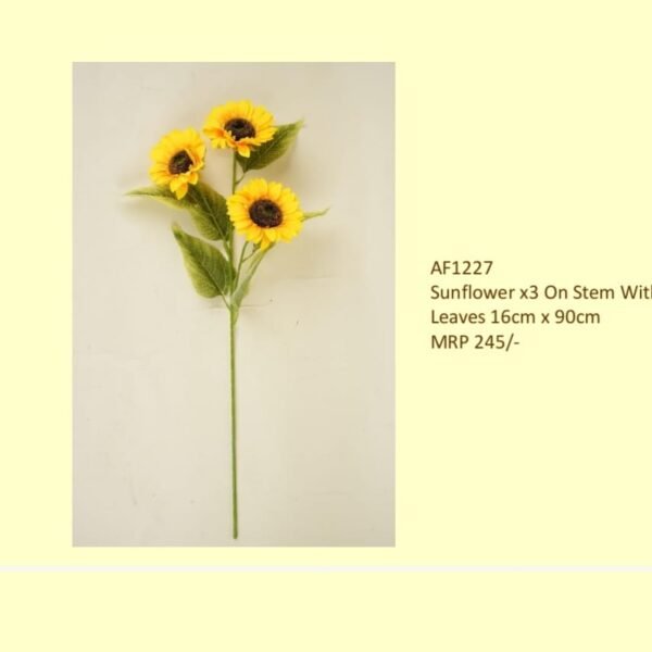 Sunflower x3 On Stem With Leaves 16cm x 90cm