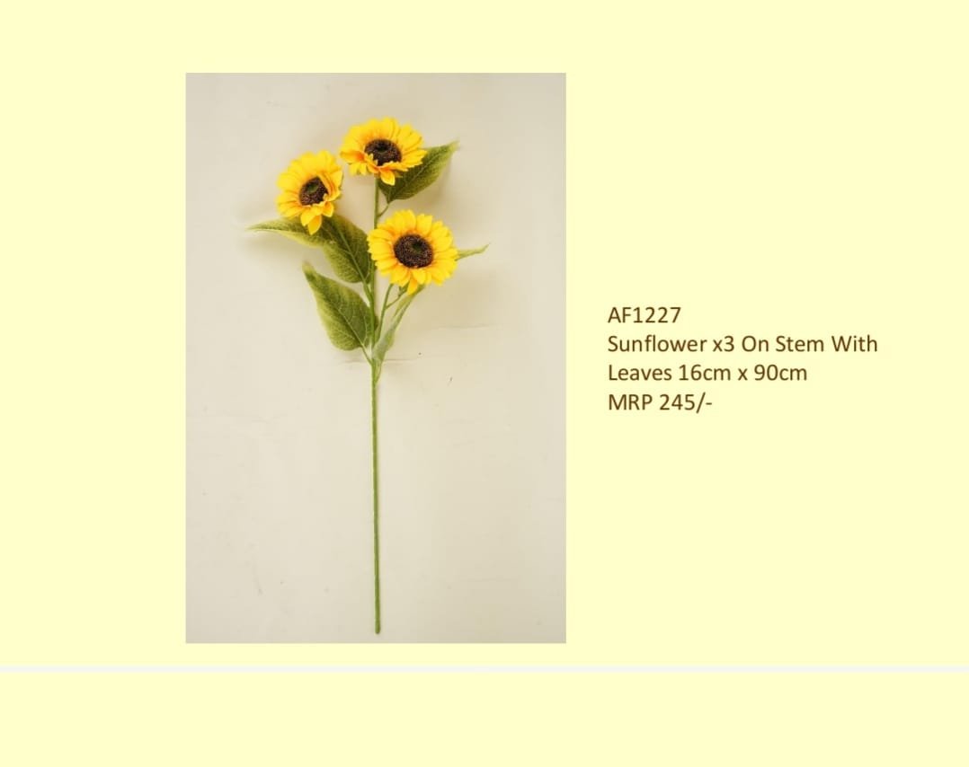 Flowers 43 (2) Sunflower x3 On Stem With Leaves 16cm x 90cm - Image 1